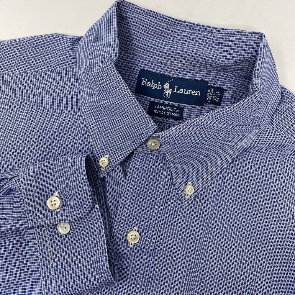 Ralph Lauren Button Down Shirt Mens 16.5 34/35 Blue Yarmouth Micro Check Cotton